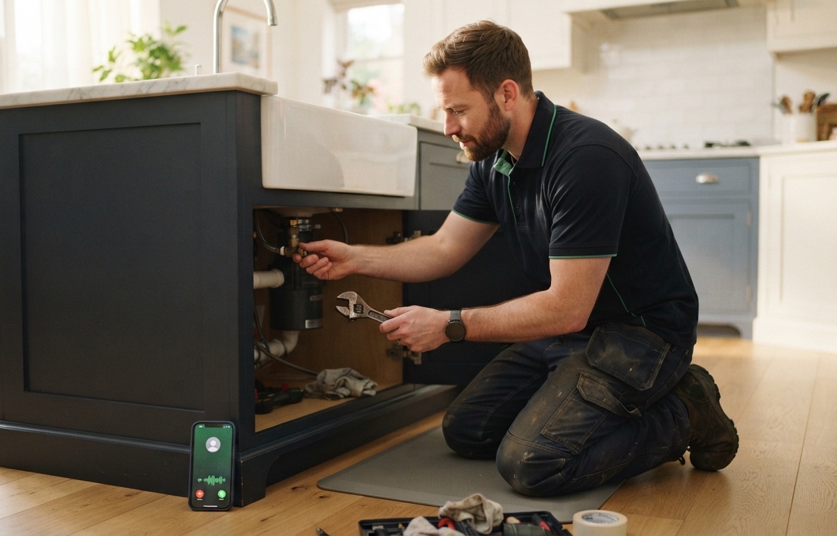 A plumber kneeling at an open kitchen sink cabinet with a wrench, while an incoming call is handled on the phone on the floor beside him