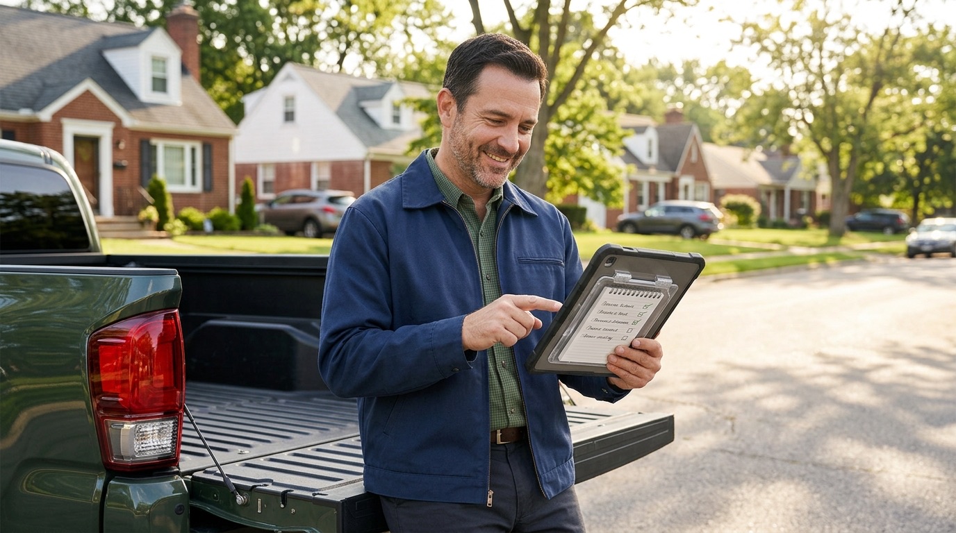 A contractor at the tailgate of his truck checking a checklist of invoices on a tablet