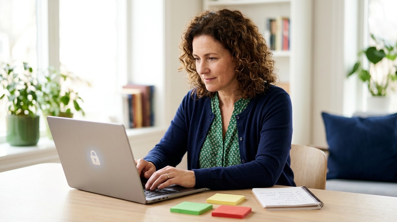 A business owner at a laptop with a padlock on the lid and green, yellow, and red sticky notes beside her