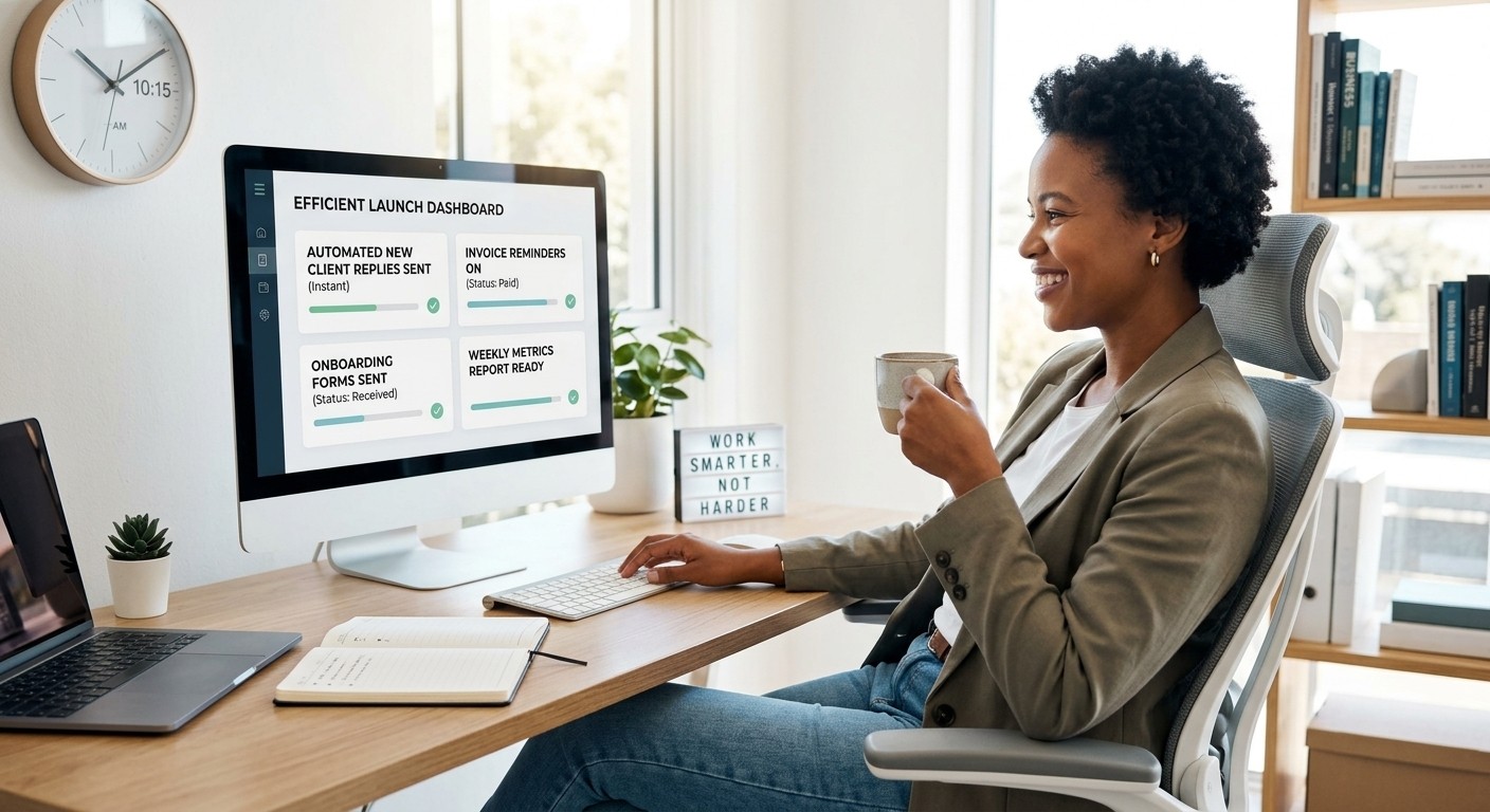 A small business owner with a coffee looking at a dashboard showing automated client replies, invoice reminders, onboarding forms, and a weekly metrics report