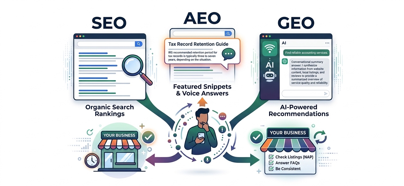 Illustration of three ways customers find a business: SEO for organic search rankings, AEO for featured snippets and voice answers, and GEO for AI-powered recommendations